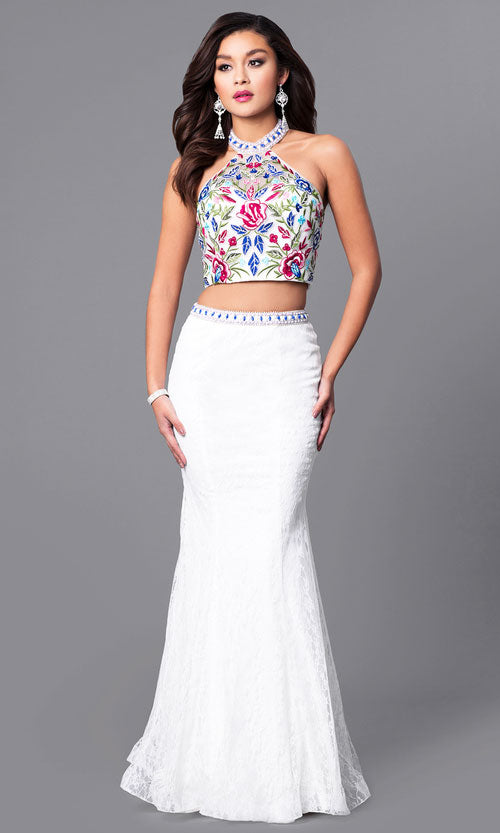 Two-Piece Long Lace Prom Dress with Beaded Halter