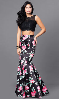Two-Piece Long Black Prom Dress with Floral Print