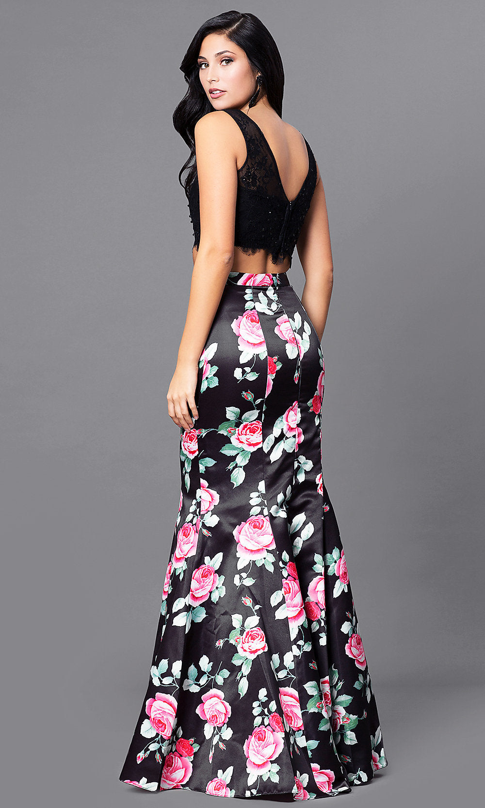 Two-Piece Long Black Prom Dress with Floral Print