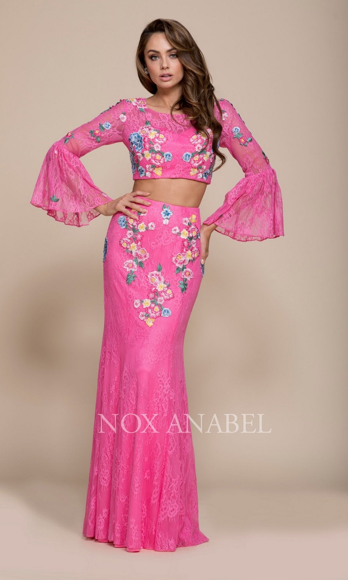 Two Piece Prom Dress With Bell Sleeves