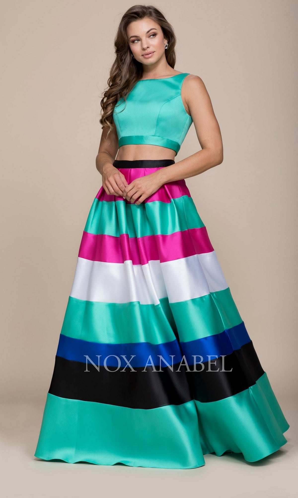 Multi-Color Striped Long Two-Piece Prom Dress