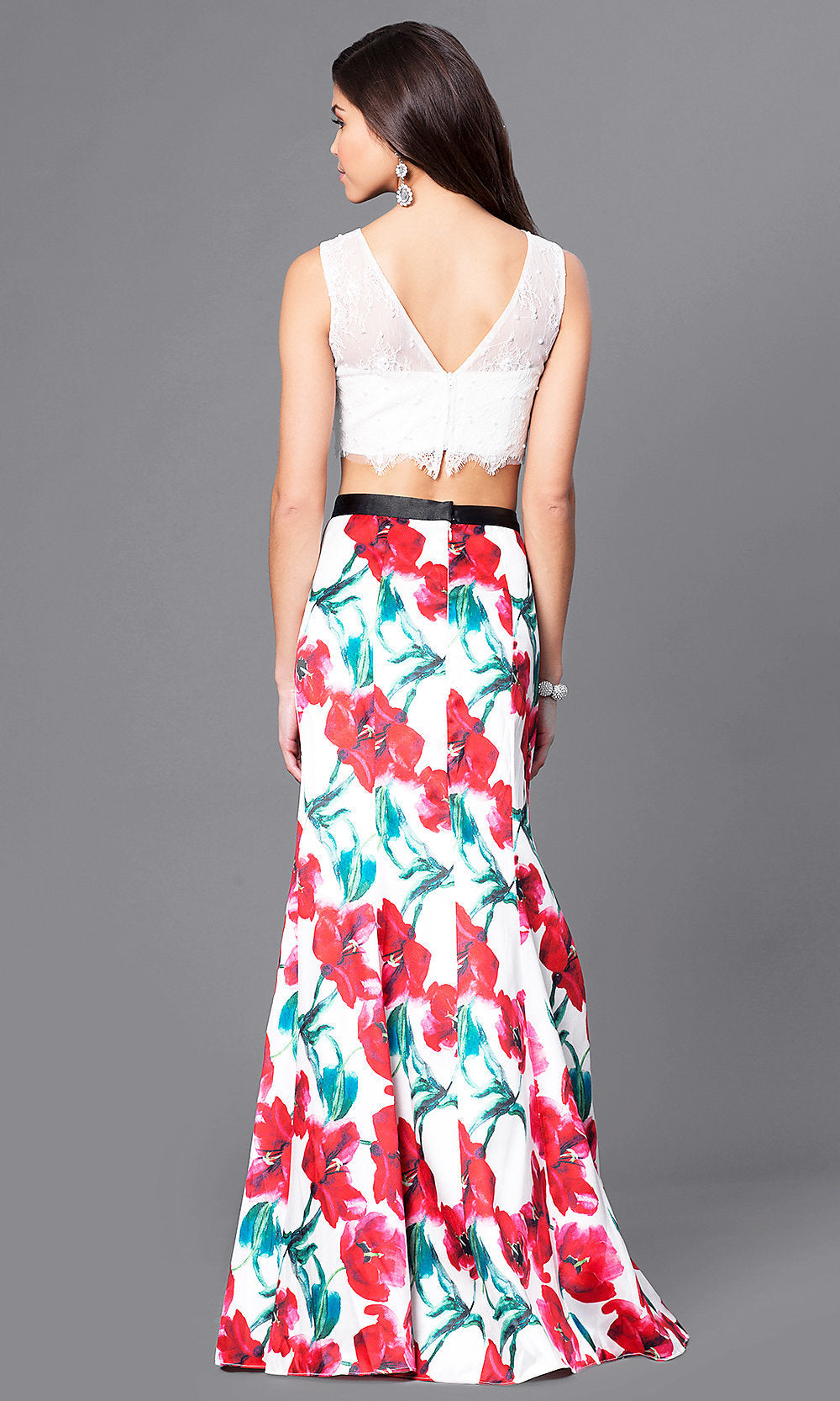 Long Two-Piece Print Skirt and Lace Top Prom Dress