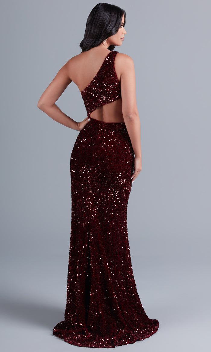 PromGirl Side Cut-Out Dark Red Sequin Prom Dress