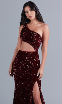 PromGirl Side Cut-Out Dark Red Sequin Prom Dress