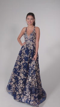 Navy Blue Tulle Prom Dress with Gold Glitter Print
