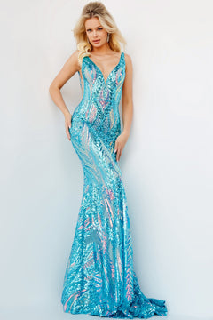 Woman wearing a fitted, floor-length Backless Jovani Prom Dress with iridescent sequins and a deep V neckline, posed against a light background.