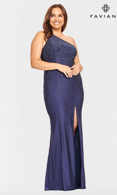 A woman smiles in the Faviana One-Shoulder Plus-Size Prom Dress 9532, a dark blue gown with bead detailing and a front slit. The "FAVIAN" logo is displayed in the top right corner, highlighting this elegant formal dress.