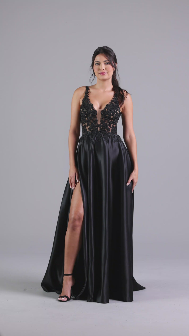 Lace-Bodice Long Black A-Line Prom Dress