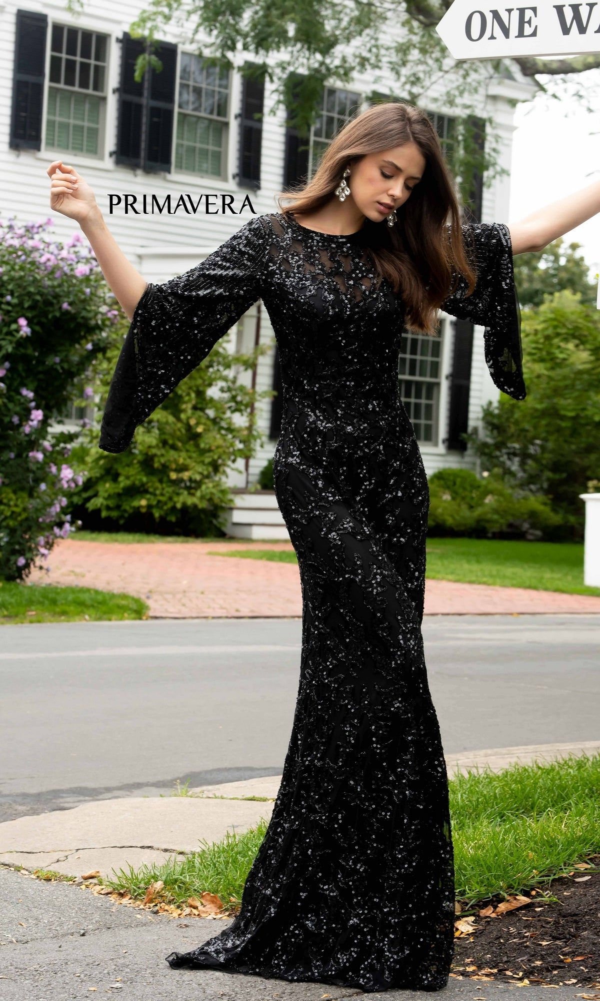 Long Bell Sleeve Beaded Evening Gown 9713 – PromGirl