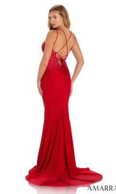 A woman stands against a white background wearing the Amarra Backless Long Jersey Prom Dress with Beads, a fitted, floor-length red gown featuring lace details, a beaded bodice, mermaid silhouette, and strappy open back.