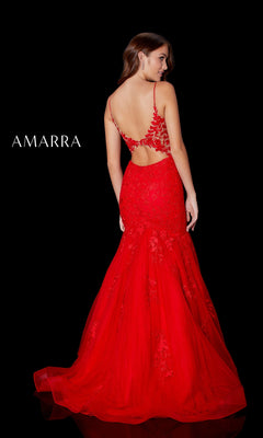 A woman faces away on a black background wearing the Amarra 87226 Long Lace Mermaid Prom Dress in striking red, featuring a backless design, tulle detailing, and lace. "AMARRA" appears on the left side.