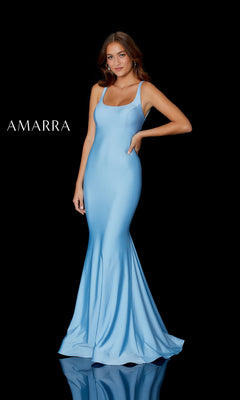 Woman in a fitted, floor-length light blue Open-Back Simple Long Formal Gown by Amarra 87243 with thin straps, posing against a black background. "AMARRA" appears in white text on the left, showcasing this elegant designer dress.