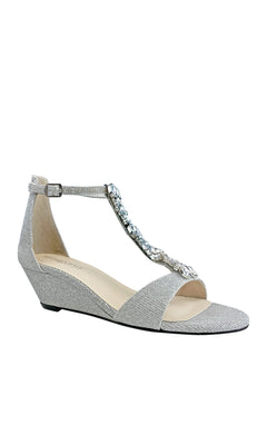 Beatrix Silver Short Wedge Rhinestone Prom Shoes 4537 feature an open toe, ankle strap, and T-strap with sparkling rhinestones—ideal Touch Ups shoes for a touch of elegance on prom night.