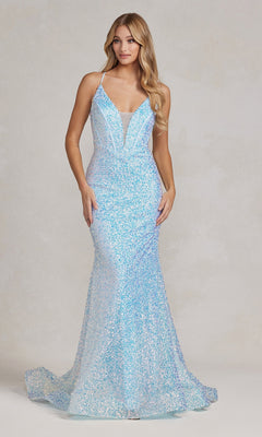 blue glam dress Corset-Back Deep V-Neck Long Sequin Prom Dress Blue / 0