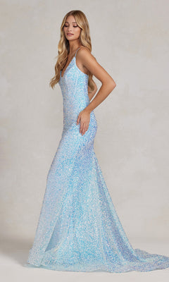 Corset-Back V-Neck Long Sequin Prom Dress