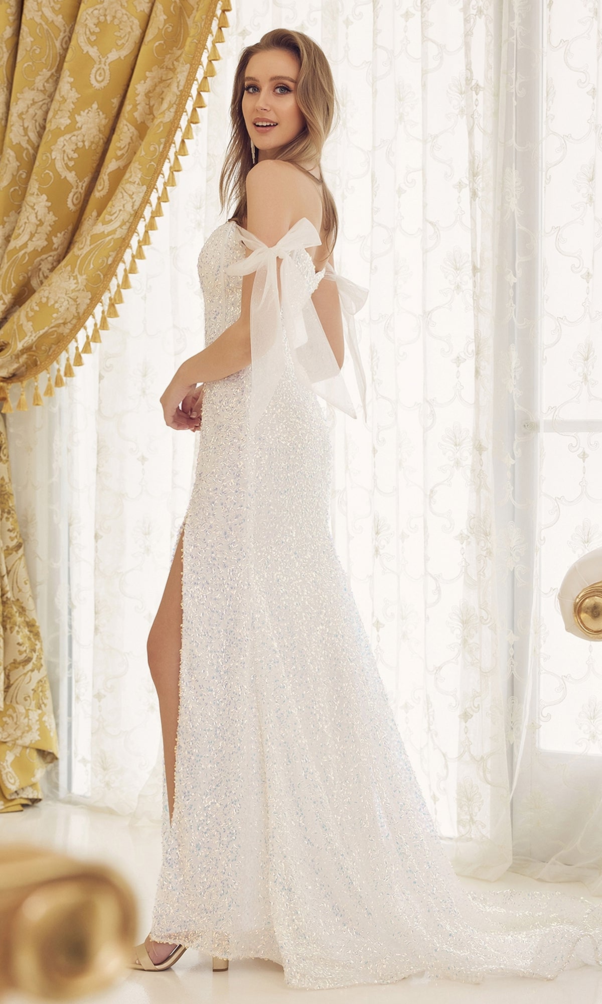 Long White Sequin Formal Dress with Bow Sleeves