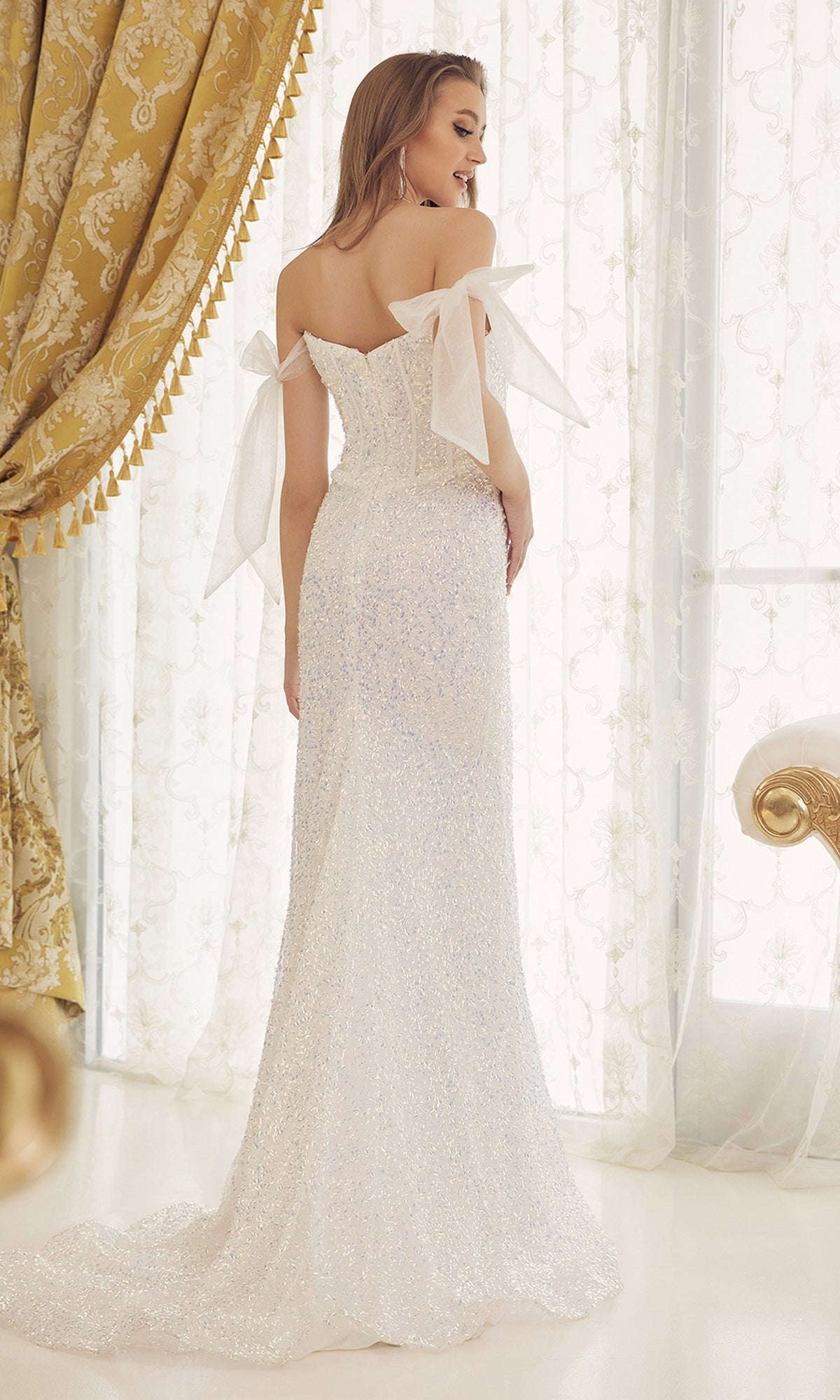 Long White Sequin Formal Dress with Bow Sleeves