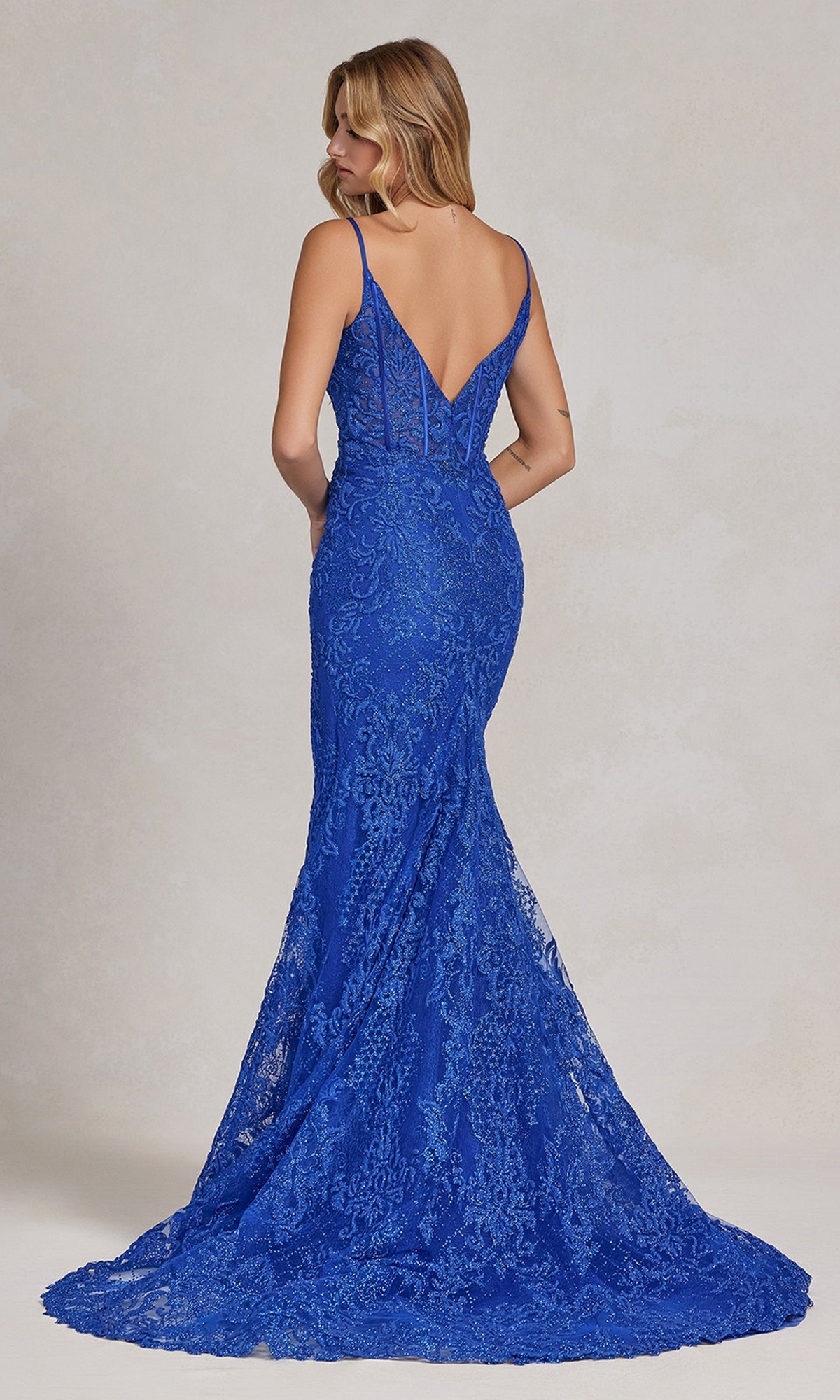 Glitter Lace Prom Dress with Train and Side Slit