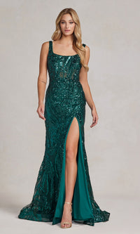 Sheer-Bodice Long Sequin-Lace Prom Dress