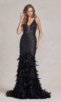 Sequin Prom Dress with Feathers and 3-D Flowers