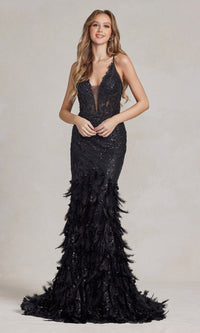 Sequin Prom Dress with Feathers and 3-D Flowers