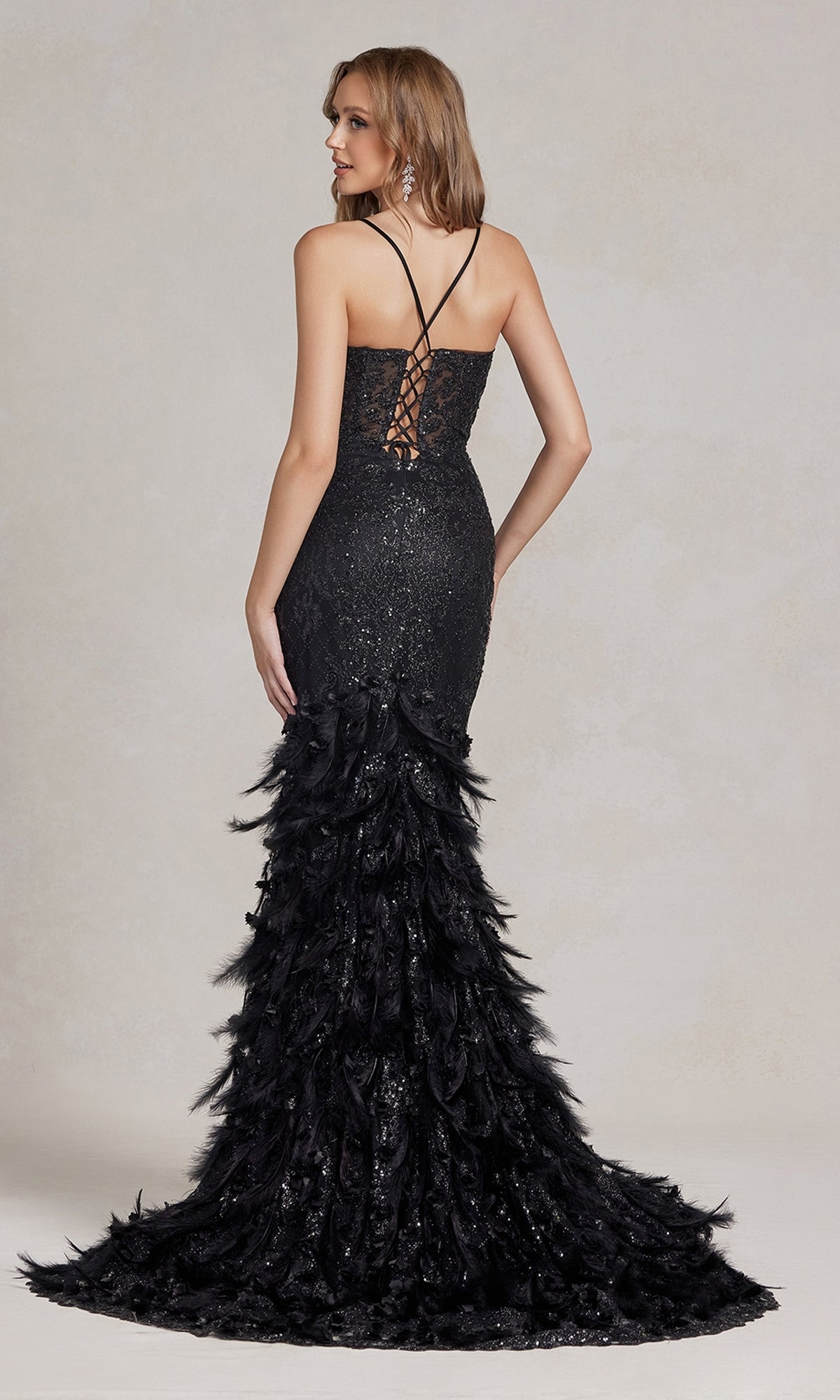 Sequin Prom Dress with Feathers and 3-D Flowers