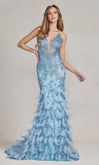 Sequin Prom Dress with Feathers and 3-D Flowers