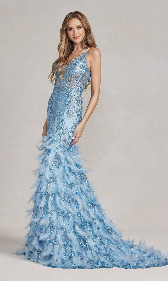 Sequin Prom Dress with Feathers and 3-D Flowers