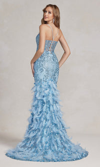 Sequin Prom Dress with Feathers and 3-D Flowers