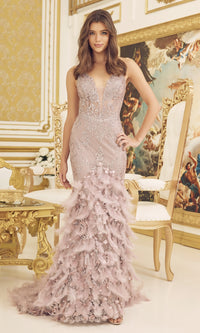 Sequin Prom Dress with Feathers and 3-D Flowers