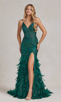 Open-Back Shimmer Prom Dress with Feather Skirt