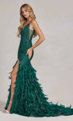 A woman in profile models the Open-Back Shimmer Prom Dress with a feathered skirt, floor-length silhouette, and thigh-high slit, standing against a plain background.