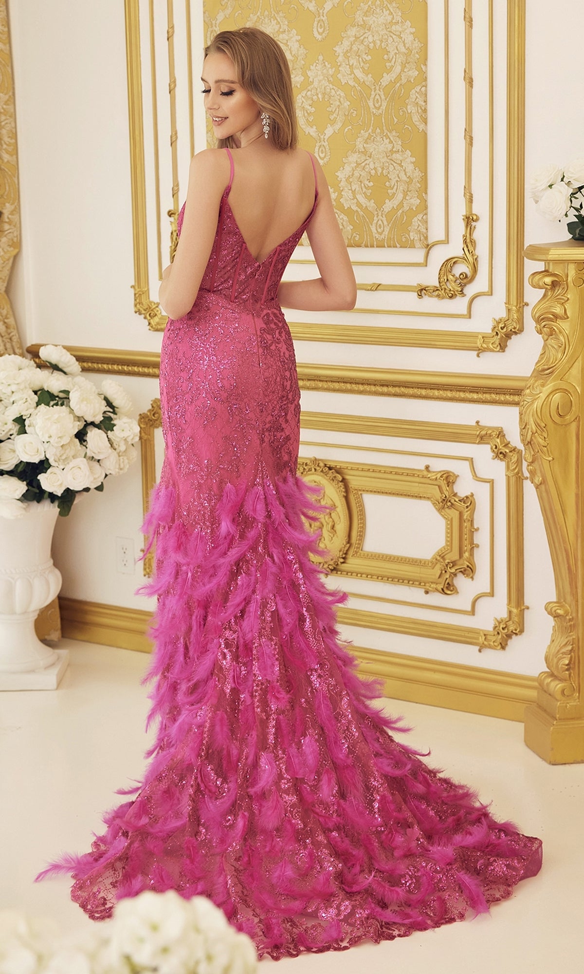 Open-Back Shimmer Prom Dress with Feather Skirt