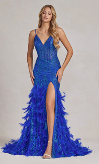 Open-Back Shimmer Prom Dress with Feather Skirt