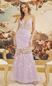 Lilac Purple Prom Dress with Sparkling Floral Print