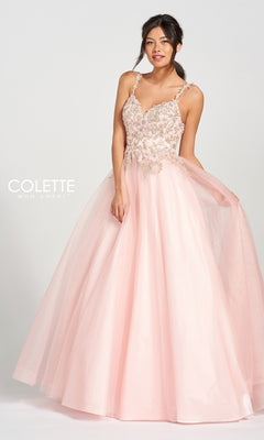 A woman in a Glitter Tulle Prom Dress with a beaded lace bodice and floral embroidery stands against a plain background.