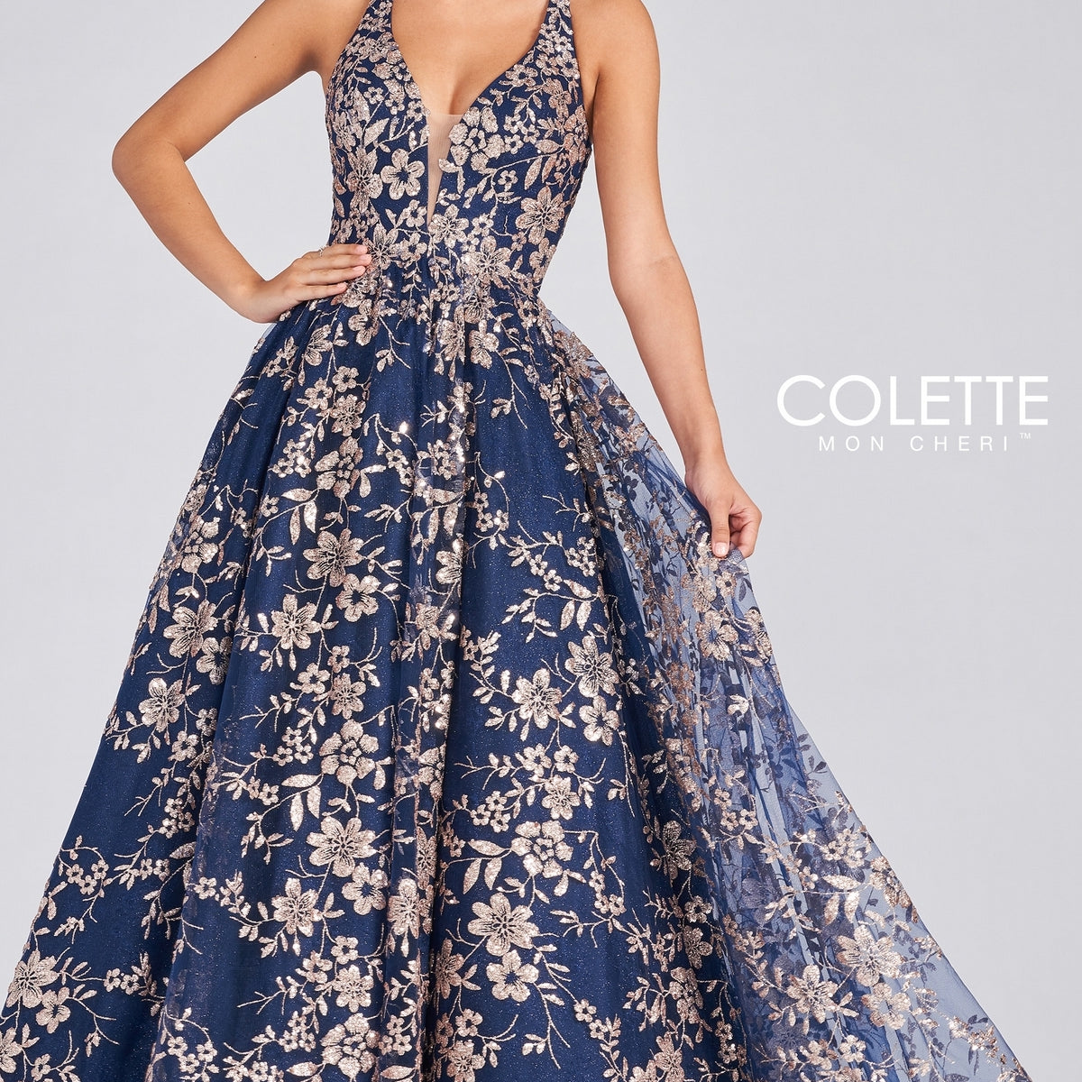 Navy blue with best sale gold prom dress