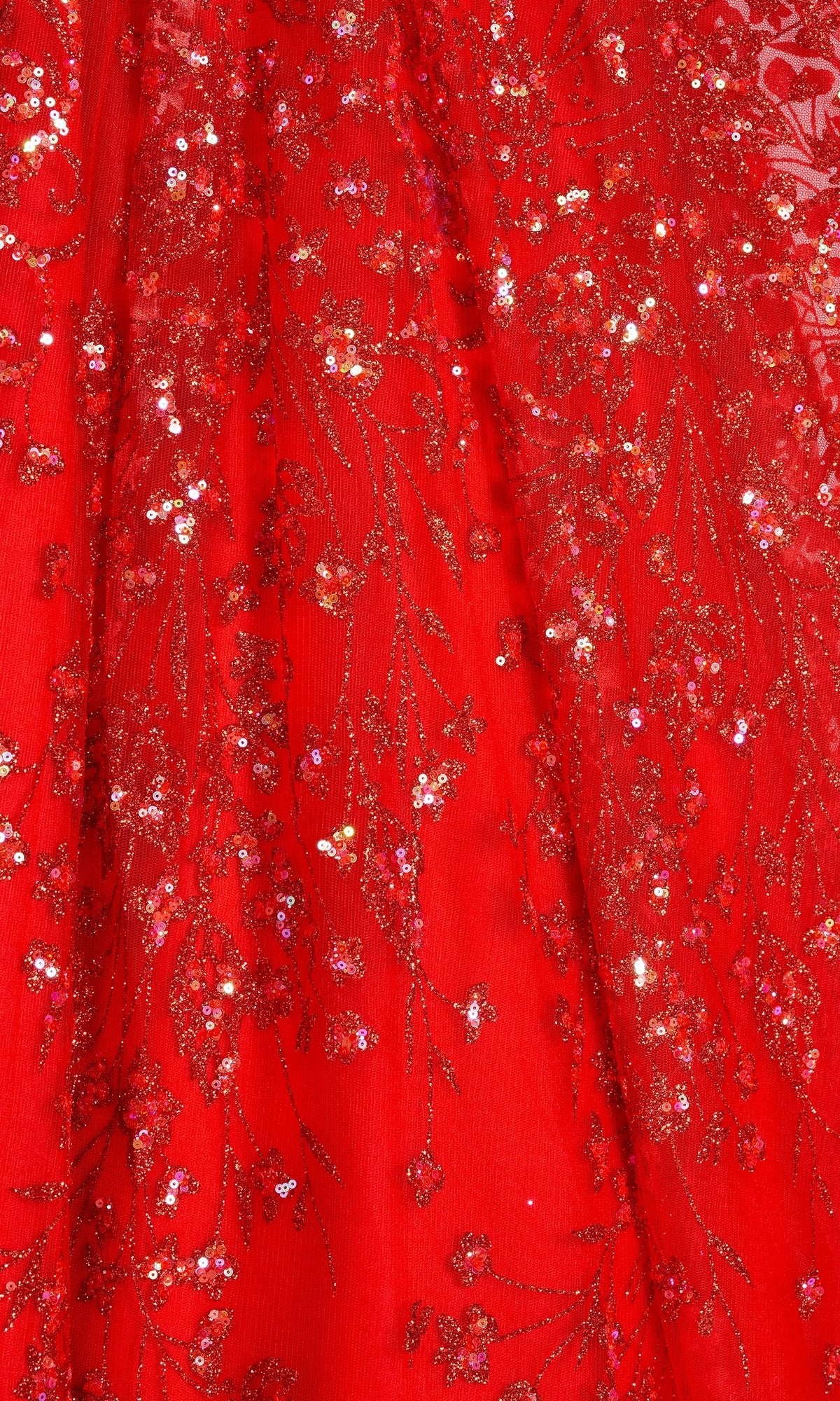 The Colette Designer Prom Sequin & Glitter Ball Gown features vibrant red fabric with floral embroidery and sparkling sequins, creating a shimmering look that's perfect for making a glamorous entrance.