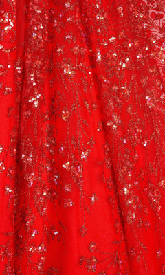 The Colette Designer Prom Sequin & Glitter Ball Gown features vibrant red fabric with floral embroidery and sparkling sequins, creating a shimmering look that's perfect for making a glamorous entrance.