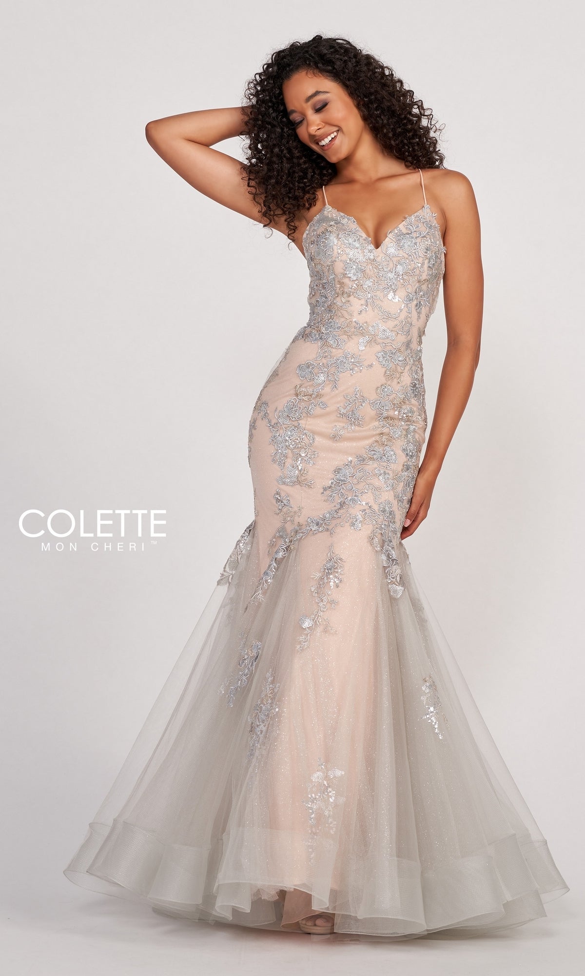 Colette Silver Lace Long Nude Mermaid Prom Dress