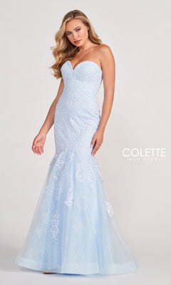 A woman wearing the Colette Pastel Strapless Lace Mermaid Prom Dress with a fitted bodice and flared skirt; "Colette Mon Cheri" logo on the right.