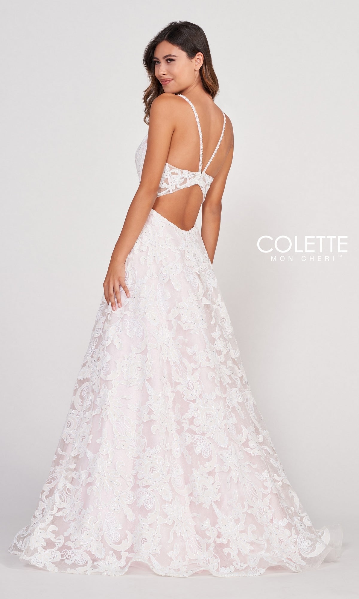 Pink and white deals lace prom dress