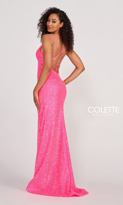 A woman in a bright pink, floor-length Colette CL2012 Stretch-Sequin Open-Back Prom Dress stands facing away, looking over her shoulder. The "Colette Mon Cheri" logo appears in the lower right corner.
