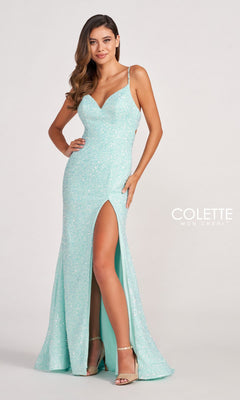 A woman models the Colette CL2012 Stretch-Sequin Open-Back Prom Dress—light blue, sleeveless, floor-length with thin straps, a sweetheart neckline, thigh-high slit, and plain background.