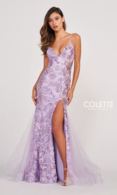 A woman wearing the Colette Long Sequin Prom Dress with Sheer Sides in lavender, featuring a thigh-high slit and thin straps, stands against a plain background.