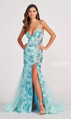 Colette Long Sequin Prom Dress with Sheer Sides Turquoise / 0 Colette Long Sequin Prom Dress with Sheer Sides Turquoise / 0