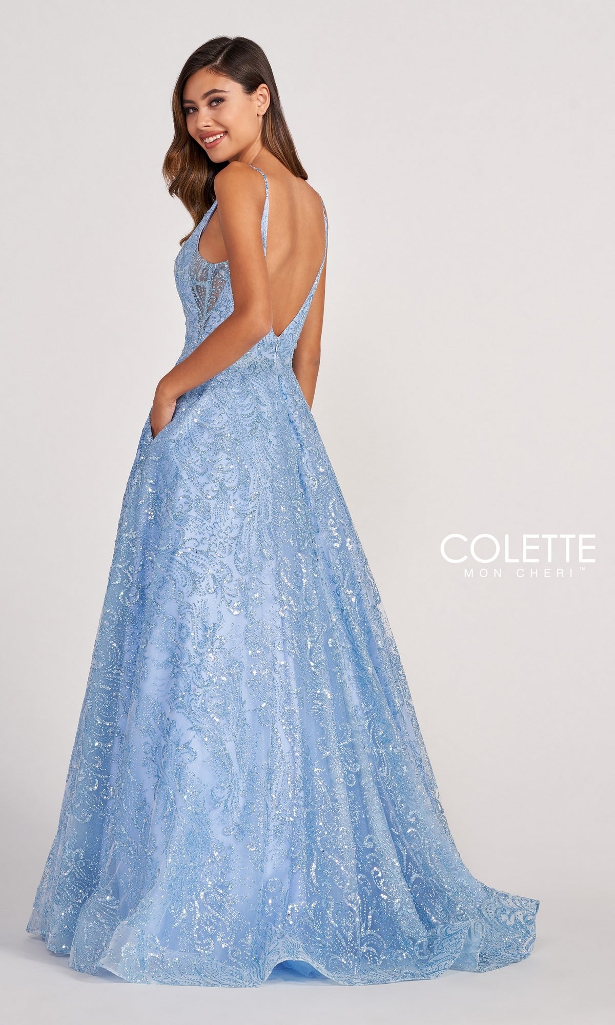 Light Blue V-Neck Prom Dress with Glitter Print