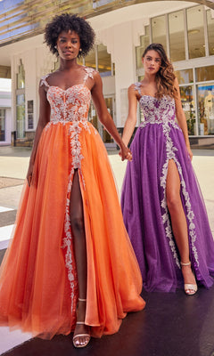 Two women stand outdoors in Colette CL2020 Glitter-Lace Long A-Line Prom Dresses—one orange, one purple—both with lace details and high slits, holding hands and facing the camera.