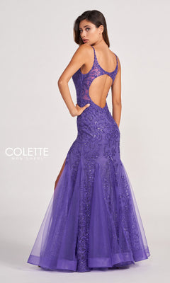 A woman models the Colette CL2024 Sequin-Lace Cut-Out Long Prom Dress—a sleeveless, floor-length purple gown with intricate beading, low back, and side cutouts—standing against a plain background.