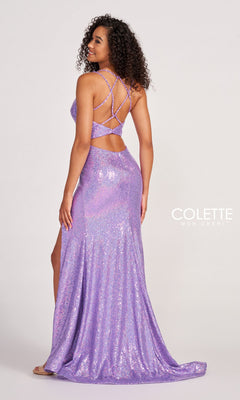 A woman in the Colette CL2038 Stretch-Sequin Long Prom Dress stands with her back turned, showcasing the gown's strappy open back, side slit, and flowy lavender train.